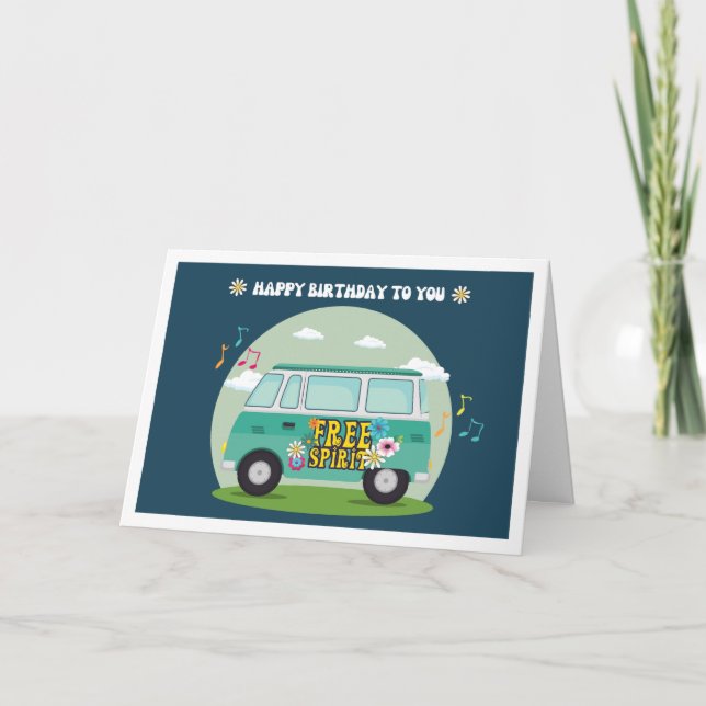 Cartão Free Spirit Hippie Bus Cartoon Birthday (Frente)