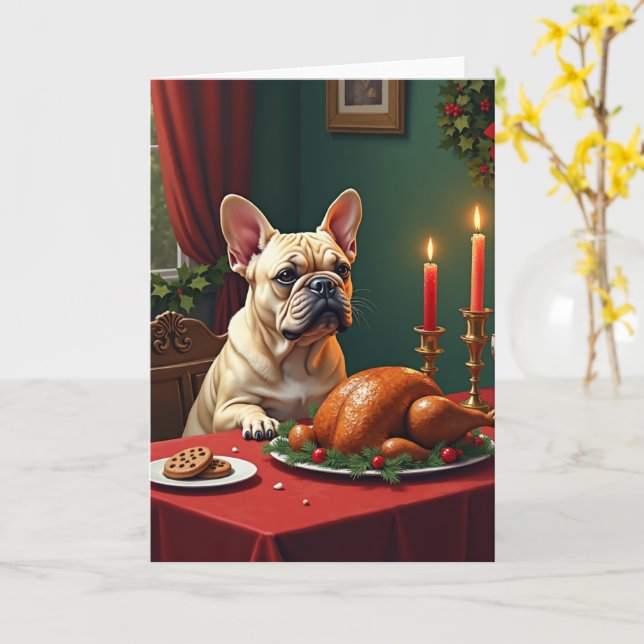 Cartão French Bulldog Christmas Eve Feast Painting (Flor Amarela)