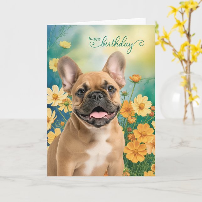 Cartão French Bulldog Tiny Orange Cosmos Birthday (Flor Amarela)