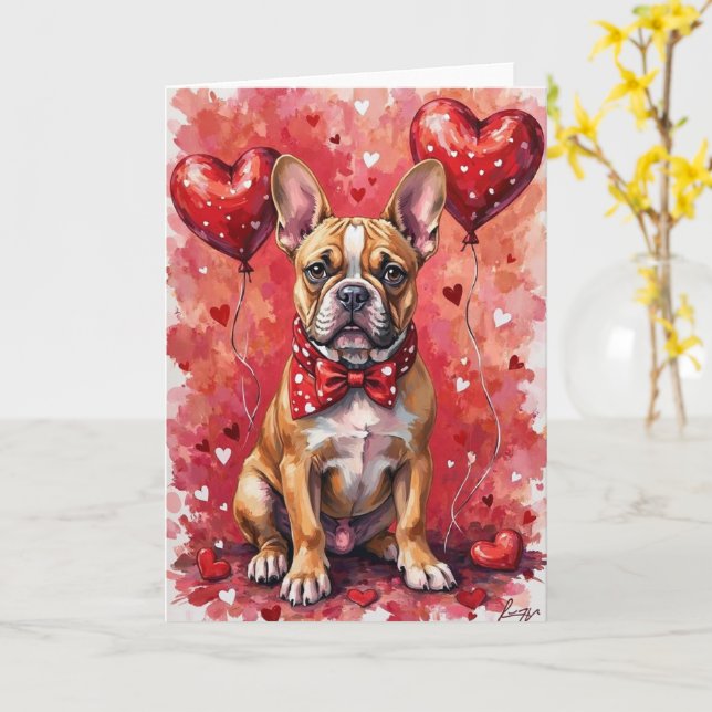 Cartão French Bulldog Valentine’s Day Dog with Hearts Red (Flor Amarela)