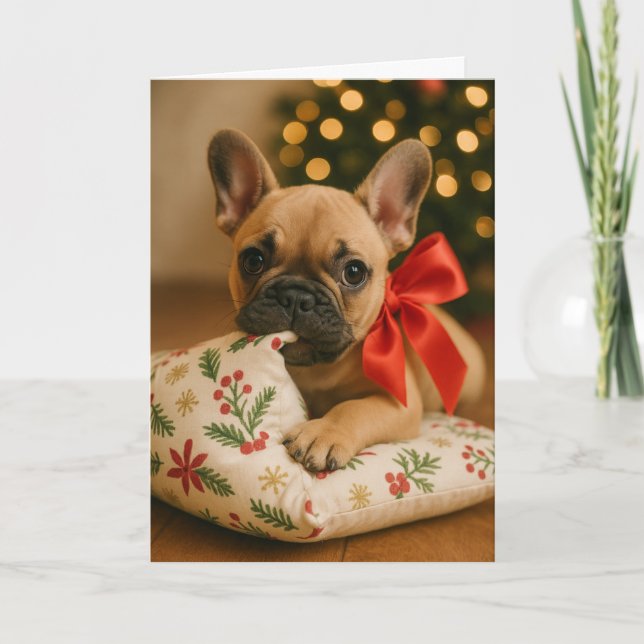 Cartão Frenchie Christmas Card – Puppy on Pillow (Frente)
