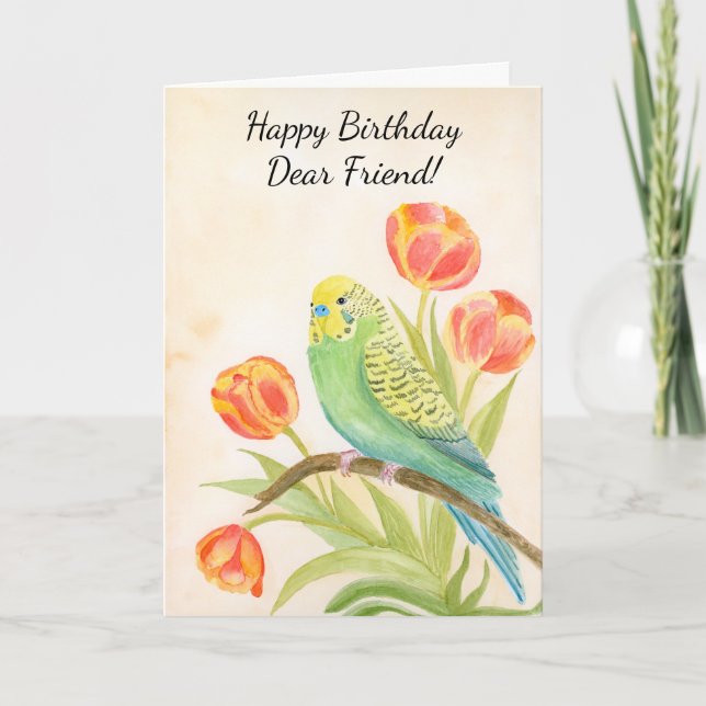 Cartão Friend Happy Birthday Parakeet with Tulips (Frente)
