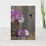 Cartão friend's birthday-mum bouquet in tin can<br><div class="desc">purple autumn mum bouquet in rusty tin can on weathered wood for friend's birthday</div>