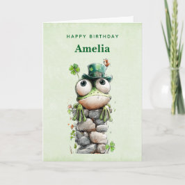 Cartão Frog with Green Hat and Shamrock Cute Birthday