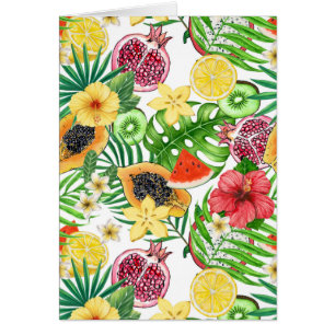 Cartão Frutas tropicais, flores e folhas em branco