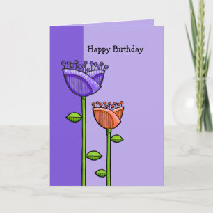 Cartão Fun Doodle Flowers purple orange Birthday Card
