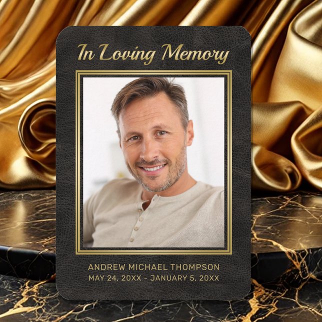 Cartão Funeral de Foto Dourado de Couro Preto Memo (In Loving Memory Black and Gold Faux Leather Photo Funeral Card)
