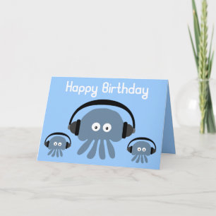 Cartão Funky Blue Jellyfish DJ Birthday Greeting Card