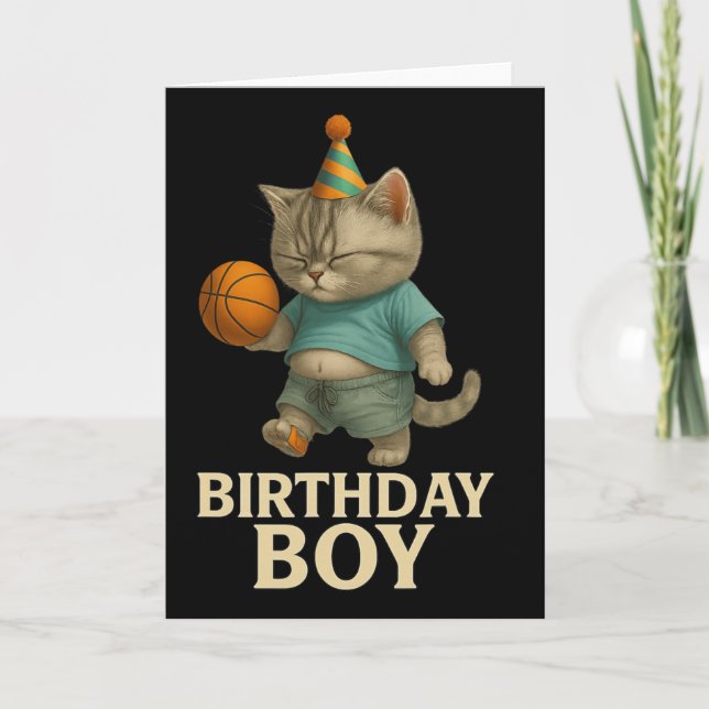 Cartão Funny Birthday Cat Playing Sketll – Slam Dunk Kity (Frente)