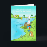 Cartão Funny Birthday Son fishing card with fish<br><div class="desc">This is a funny fishing card, which I’m sure is ideal for any fishermen for Birthdays, with Duncan trying to catch a fish, but the fish has just taken his sandwich which he has only taken one bite of, and fat cat is eating the fishes that are jumping out to...</div>