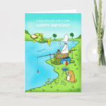 Cartão Funny Birthday Son fishing card with fish<br><div class="desc">This is a funny fishing card, which I’m sure is ideal for any fishermen for Birthdays, with Duncan trying to catch a fish, but the fish has just taken his sandwich which he has only taken one bite of, and fat cat is eating the fishes that are jumping out to...</div>