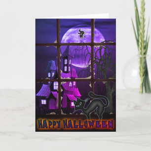 Cartão Funny Black Cat and Old House Halloween Card