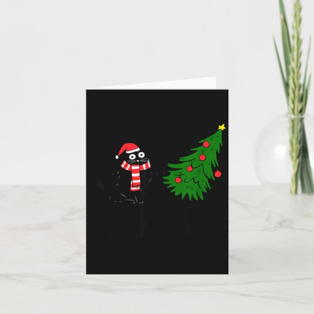 Cartão Funny Black Cat Gift Pushing Christmas Tree Over C (Frente)