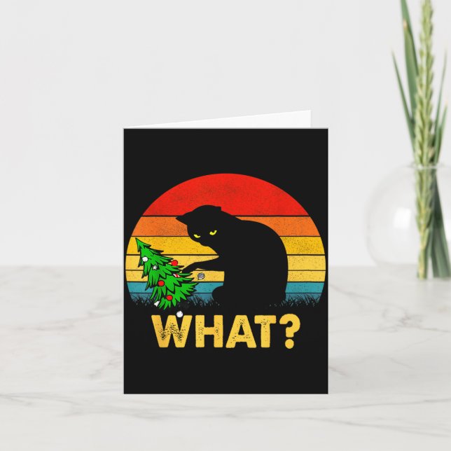 Cartão Funny Black Cat Gift Pushing Christmas Tree Over C (Frente)