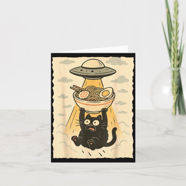 Cartão Funny Black Cat Ufo Ramen Alien Abduction Graphic  (Frente)