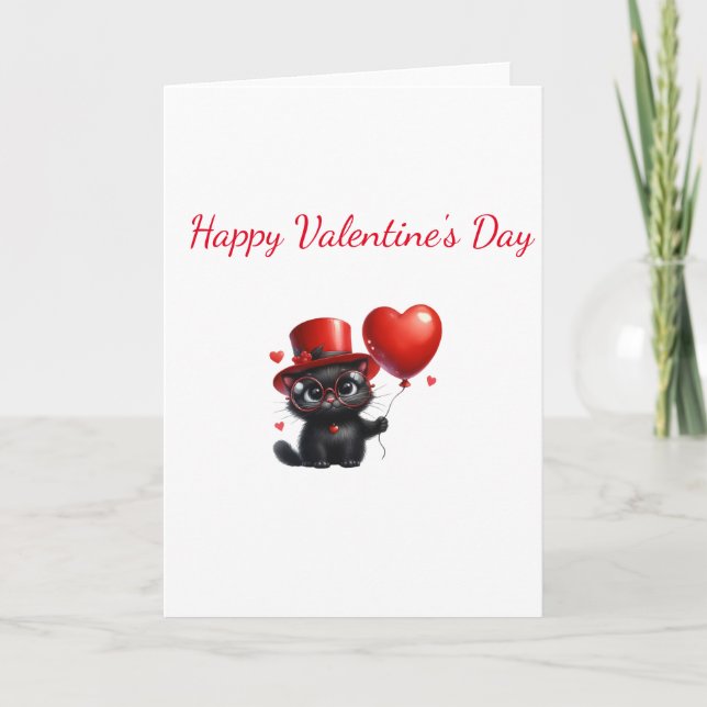 Cartão Funny Black Cat With Balloons Valentine's Day (Frente)