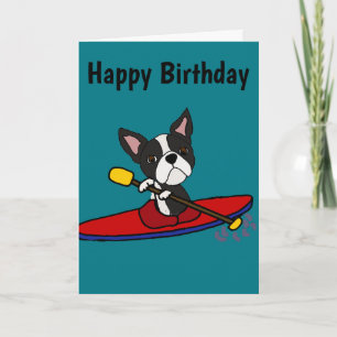 Cartão Funny Boston Terrier Dog Kayaking Cartoon
