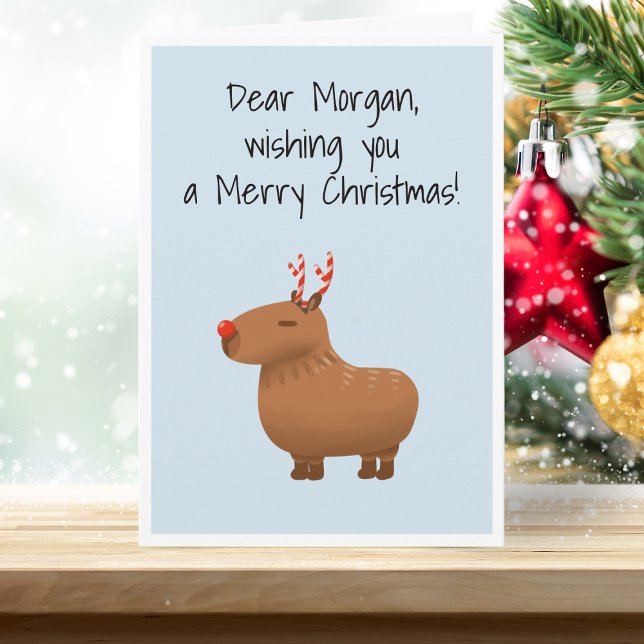 Cartão Funny Capybara Reindeer Personalizou o Natal (Spread the joy with our capybara reindeer, the cutest reindeer of all.)