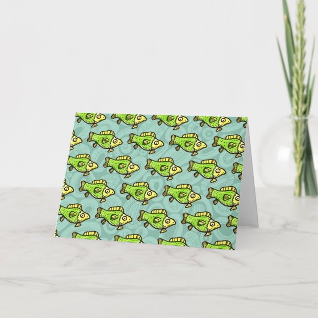 Cartão Funny Cartoon Green Fish Drawing (Frente)