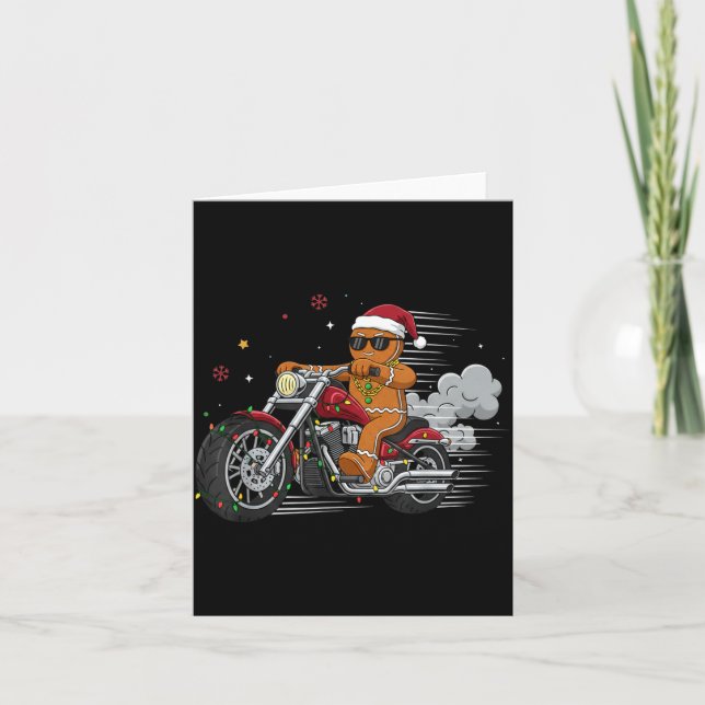 Cartão Funny Christmas Gingerbread Man Biker Riding A Mot (Frente)