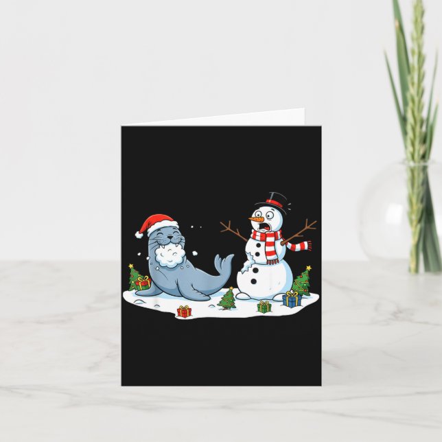 Cartão Funny Christmas Snowman Sea Lion Xmas Mens Womens  (Frente)