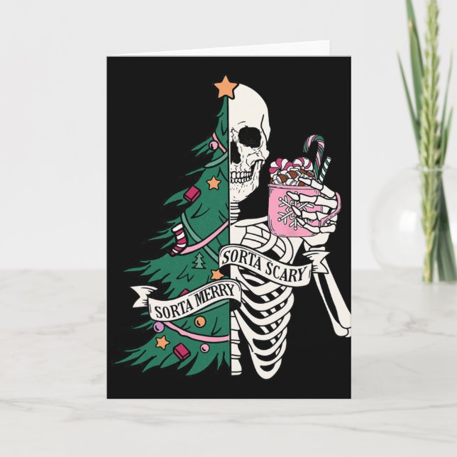 Cartão Funny Christmas Sorta Merry Sorta Scary Skeleton X (Frente)