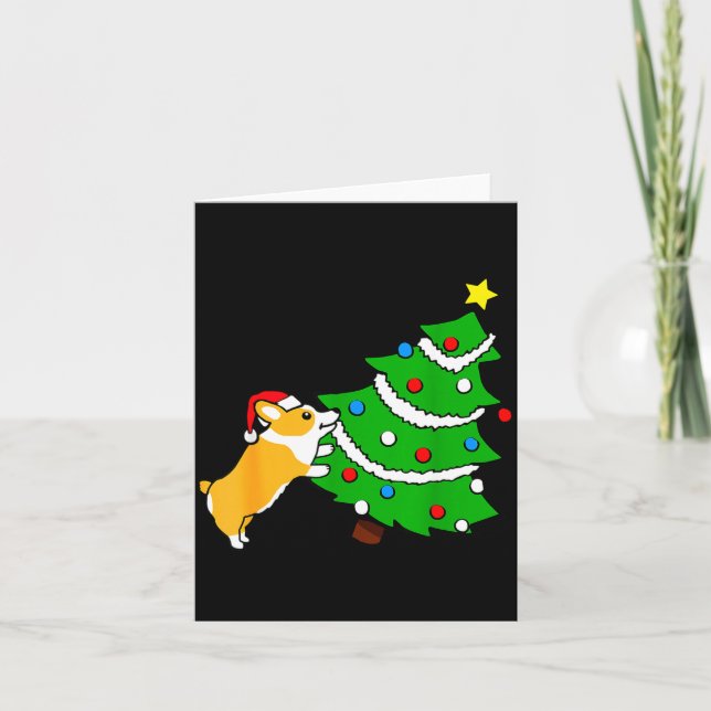 Cartão Funny Corgi Pushing Christmas Tree Xmas Dog Mom  (Frente)
