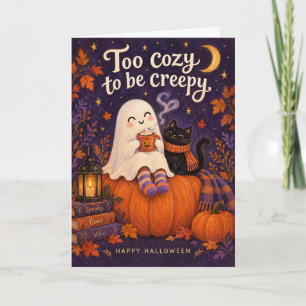 Cartão Funny Cozy Ghost e Black Cat Halloween