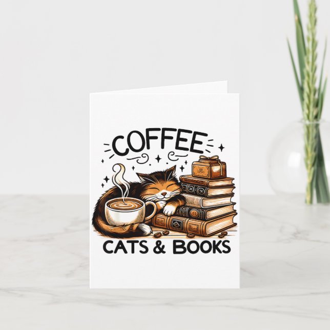 Cartão Funny Cute Coffee Cats Books Lover Women Men Kids  (Frente)