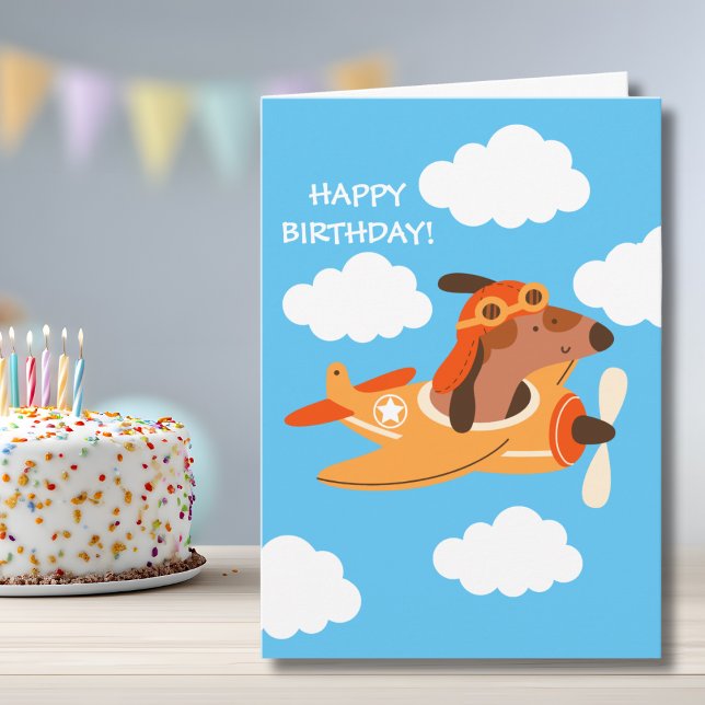 Cartão Funny Dog Pilot Flying Airplane Boy Birthday (Criador carregado)