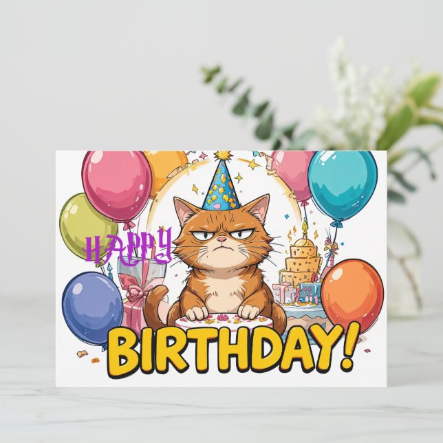 Cartão Funny Grumpy Cat Birthday Card – Cartoon Party Hum (Em pé/Frente)