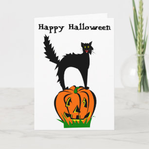 Cartão Funny Halloween Black Cat and Pumpkin