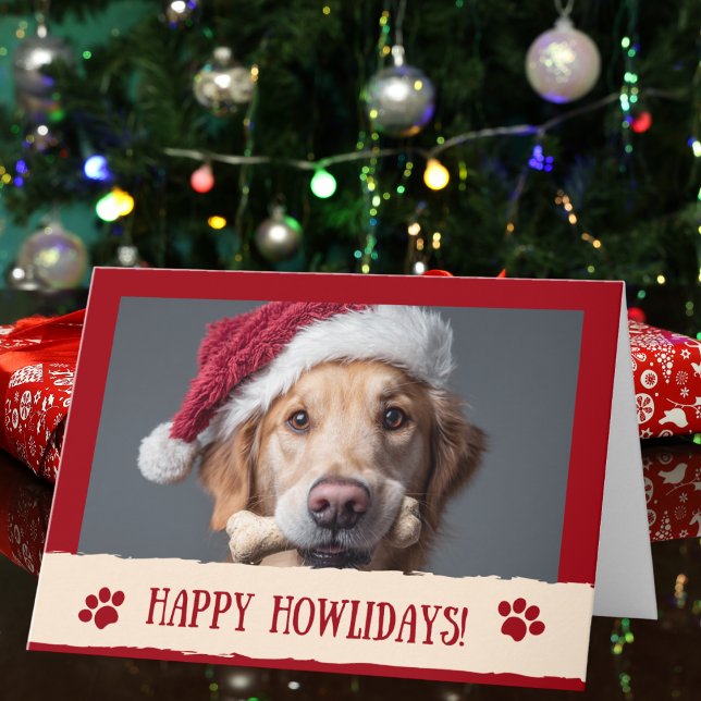Cartão Funny Happy Howlidays! Dog Santa Hat Photo Custom  (Criador carregado)