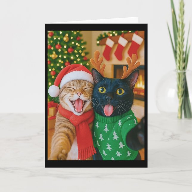 Cartão Funny Meme Cat Taking A Selfie Christmas Xmas Ligh (Frente)