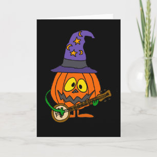 Cartão Funny Pumpkin Man Playing Banjo Cartoon