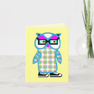 Cartão Funny Retro Blue Hipster Owl Blank Greeting Card
