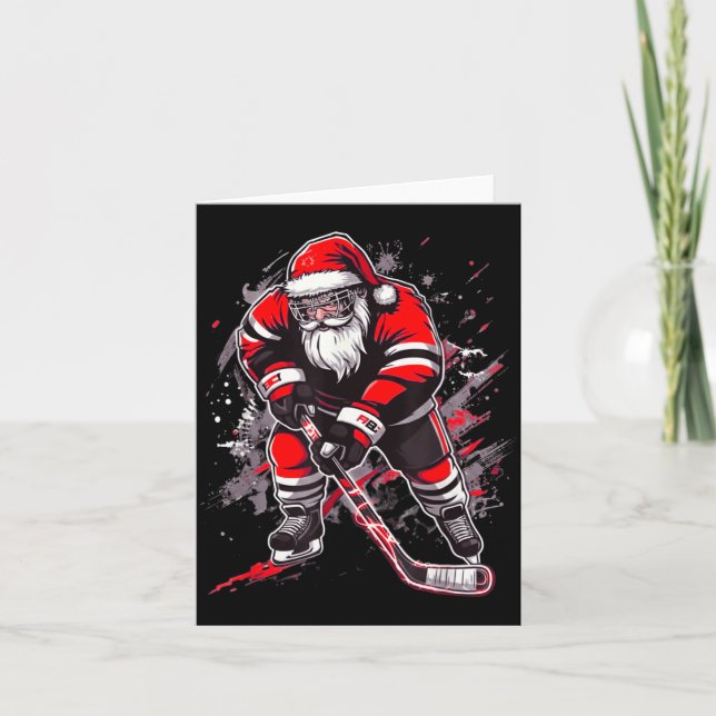Cartão Funny Santa Hockey Christmas Retro Winter Player X (Frente)
