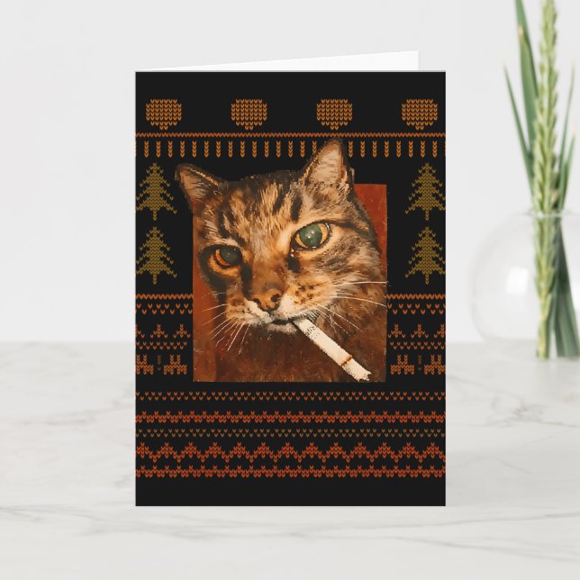 Cartão Funny Smoking Cat Meme Christmas Ugly For Men Wome (Frente)