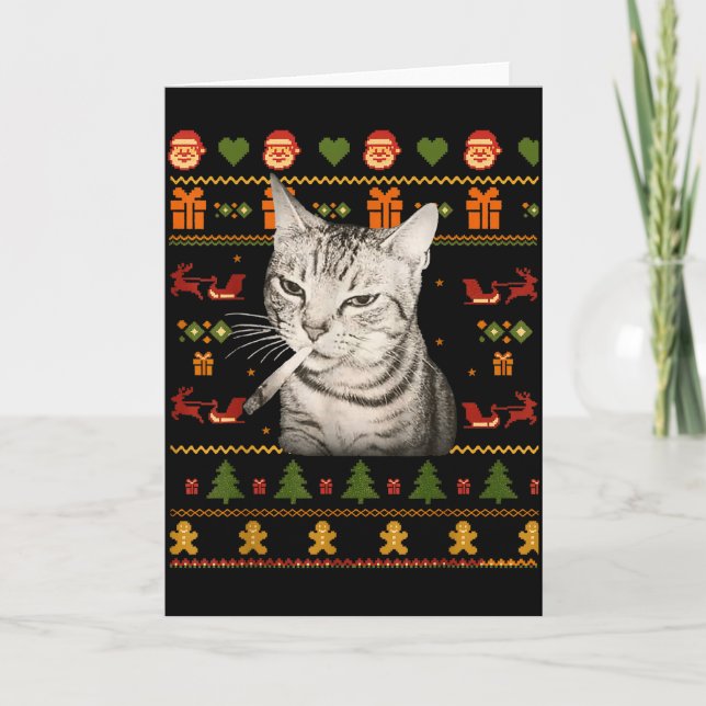 Cartão Funny Smoking Cat Meme Christmas Ugly Sweaters For (Frente)