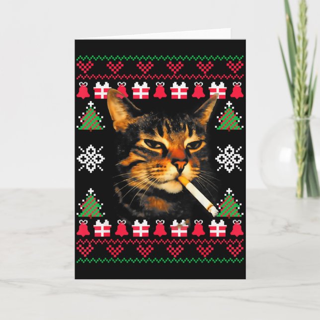 Cartão Funny Smoking Cat Meme Ugly Christmas Sweater For  (Frente)
