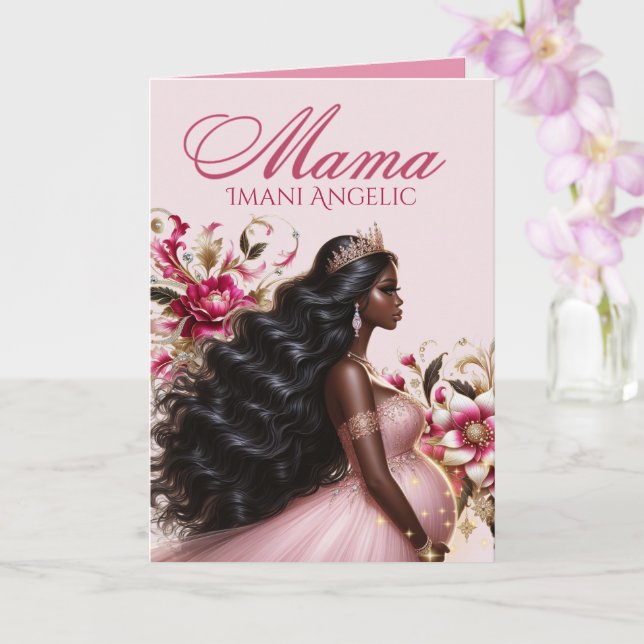 Cartão Futura Mamãe Afro-Americana em Rosa e Dourado (Orquídea)