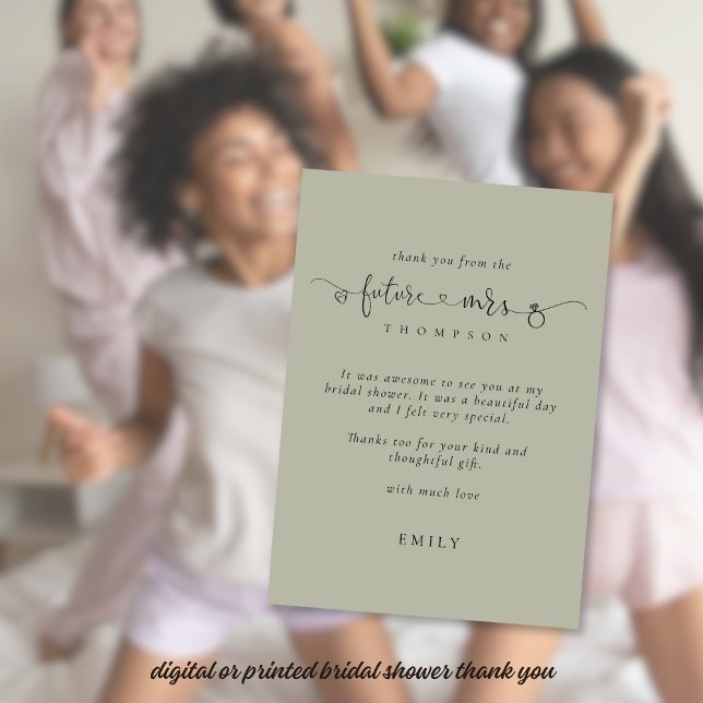 Cartão Futuro Senhora Chá de panela Light Sage Muito Obri (Stylish sage bridal shower thank you - available digitally or printed)