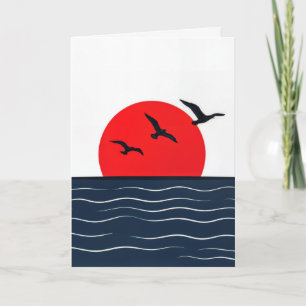 Cartão Gaivotas de Aniversário no Sol Vermelho no Oceano