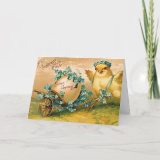 Cartão Galinha-branca-Vintage com Carruagem de Ovo-Páscoa