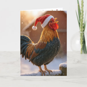 Cartão Galo de Natal Cacarejando Vestindo um Chapéu de Pa