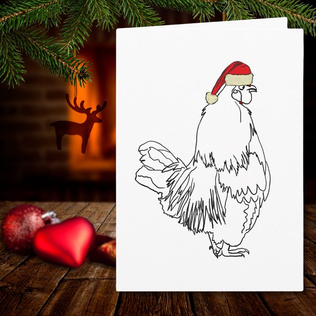 Cartão Galo de Natal Desenhando Papais noeis Engraçados A (Christmas rooster wearing a Santa hat simple chicken drawing holiday greetings card)