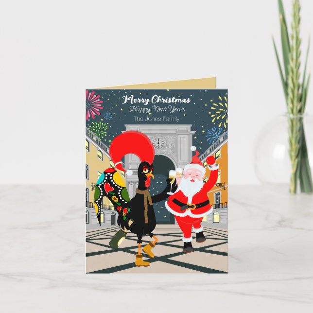 Cartão Galo Português e Papais noeis brindam ao Ano Novo (Frente)