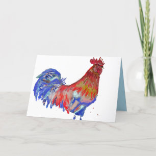 Cartão Galo Vermelho e Azul Aquarela Frango Cockerel