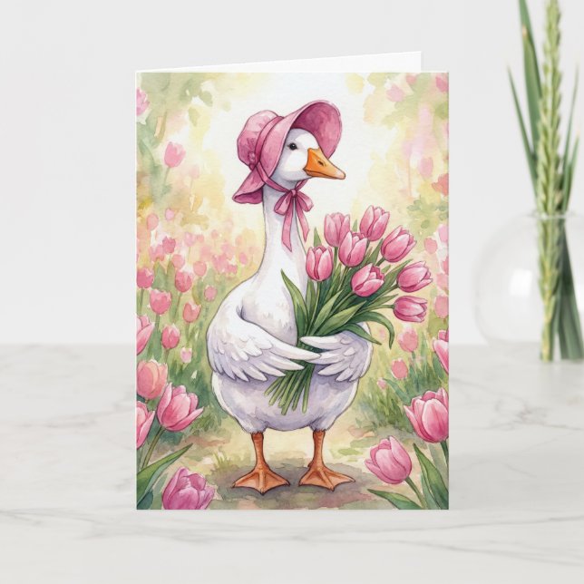 Cartão Gansa Mãe Com Tulipas Rosa (Frente)