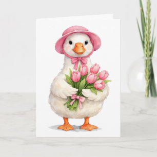 Cartão Ganso Branco de Aniversário com Buquê de Tulipas R
